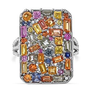 Multi Sapphire and White Zircon 6.00 ctw Ring in Rhodium Over Sterling Silver (Size 6.0) 