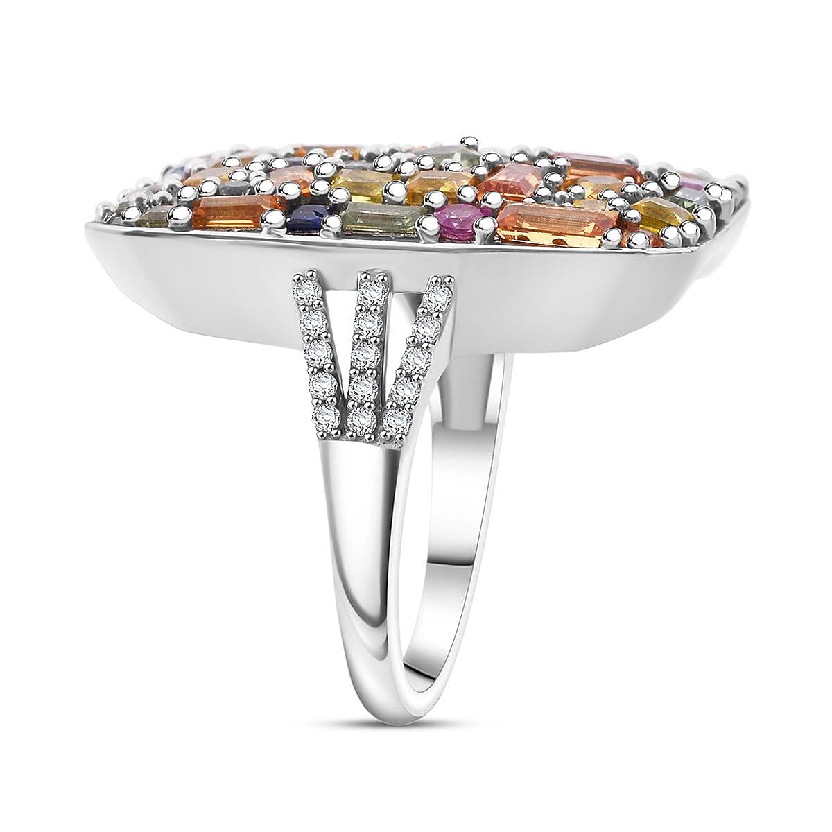 Multi Sapphire and White Zircon 6.00 ctw Ring in Rhodium Over Sterling Silver (Size 6.0)  image number 3