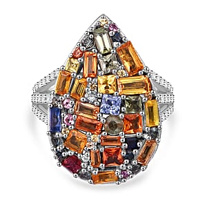 Multi Sapphire and White Zircon 5.40 ctw Ring in Rhodium Over Sterling Silver (Size 10.0) 