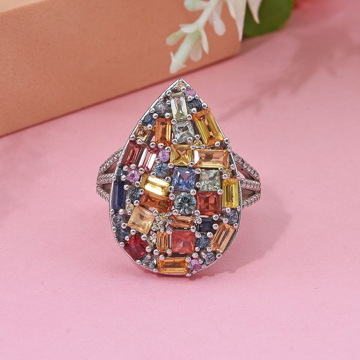 Multi Sapphire and White Zircon 5.40 ctw Ring in Rhodium Over Sterling Silver (Size 10.0)  image number 1