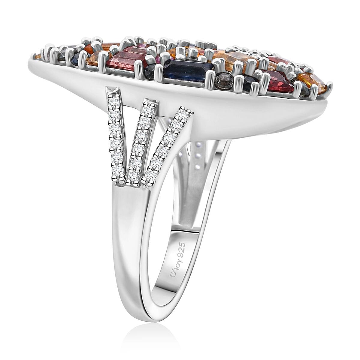 Multi Sapphire and White Zircon 5.40 ctw Ring in Rhodium Over Sterling Silver (Size 10.0)  image number 3