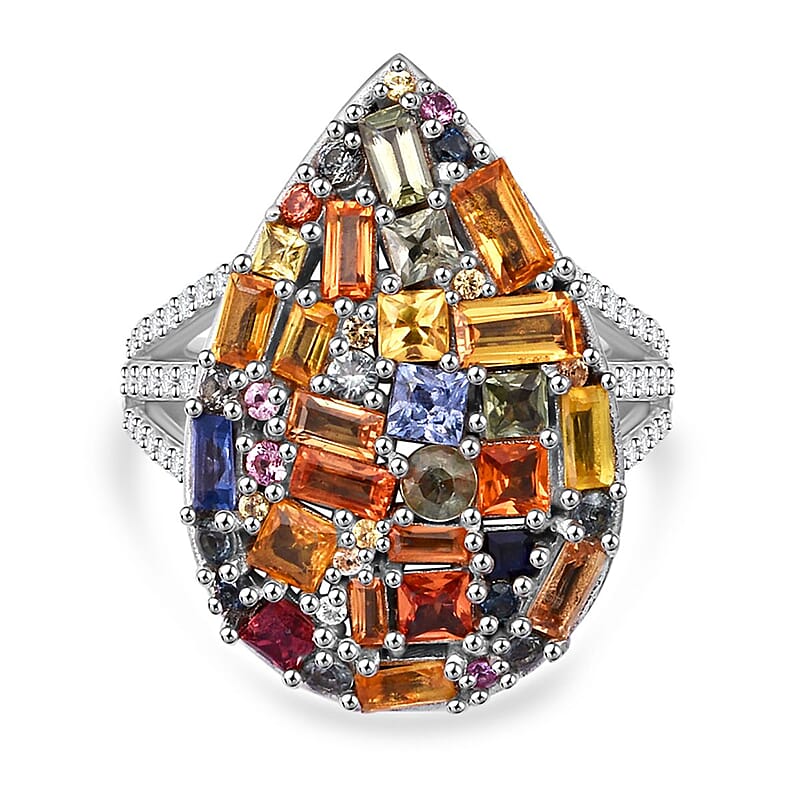 Multi Sapphire and White Zircon 5.40 ctw Ring in Rhodium Over Sterling Silver (Size 6.0)