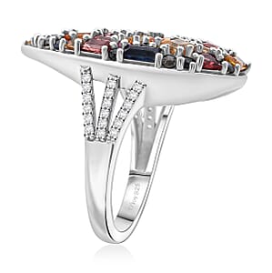 Multi Sapphire and White Zircon 5.40 ctw Ring in Rhodium Over Sterling Silver (Size 6.0) 