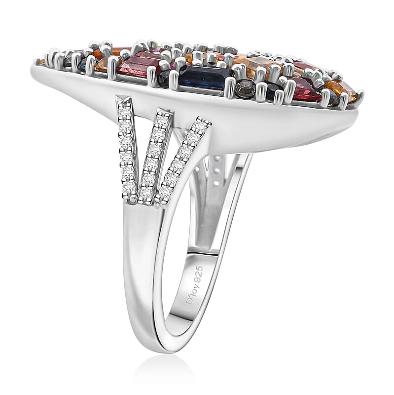 Multi Sapphire and White Zircon 5.40 ctw Ring in Rhodium Over Sterling Silver (Size 6.0)