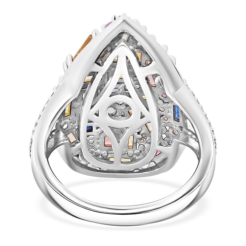 Multi Sapphire and White Zircon 5.40 ctw Ring in Rhodium Over Sterling Silver (Size 6.0)