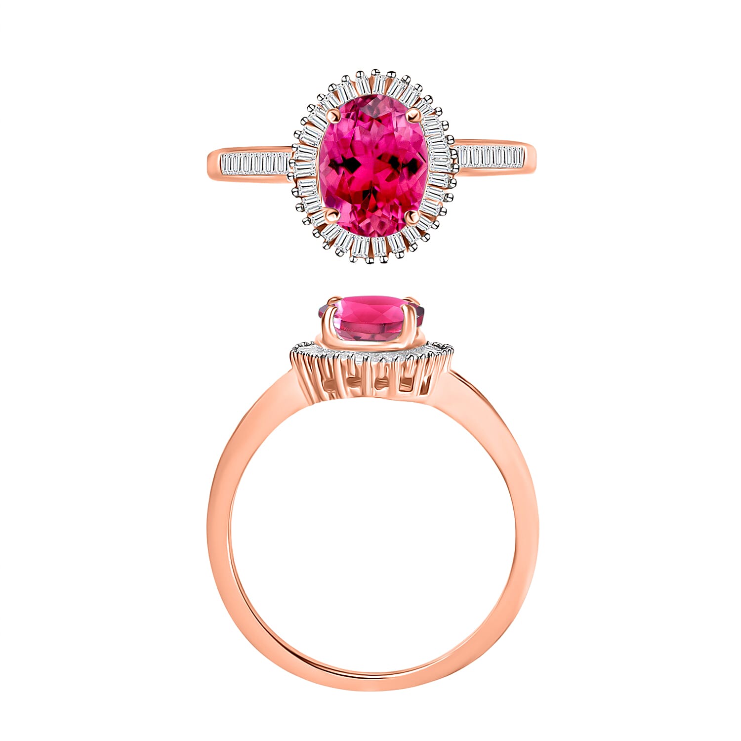 Ouro Fino Rubellite and White Diamond 1.50 ctw Ring in 18K Vermeil Rose Gold Over Sterling Silver (Size 10.0)