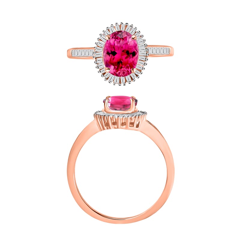 Ouro Fino Rubellite and White Diamond 1.50 ctw Ring in 18K Vermeil Rose Gold Over Sterling Silver (Size 10.0)