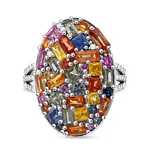 Multi-Sapphire and White Zircon 5.40 ctw Ring in Rhodium Over Sterling Silver (Size 8.0) 
