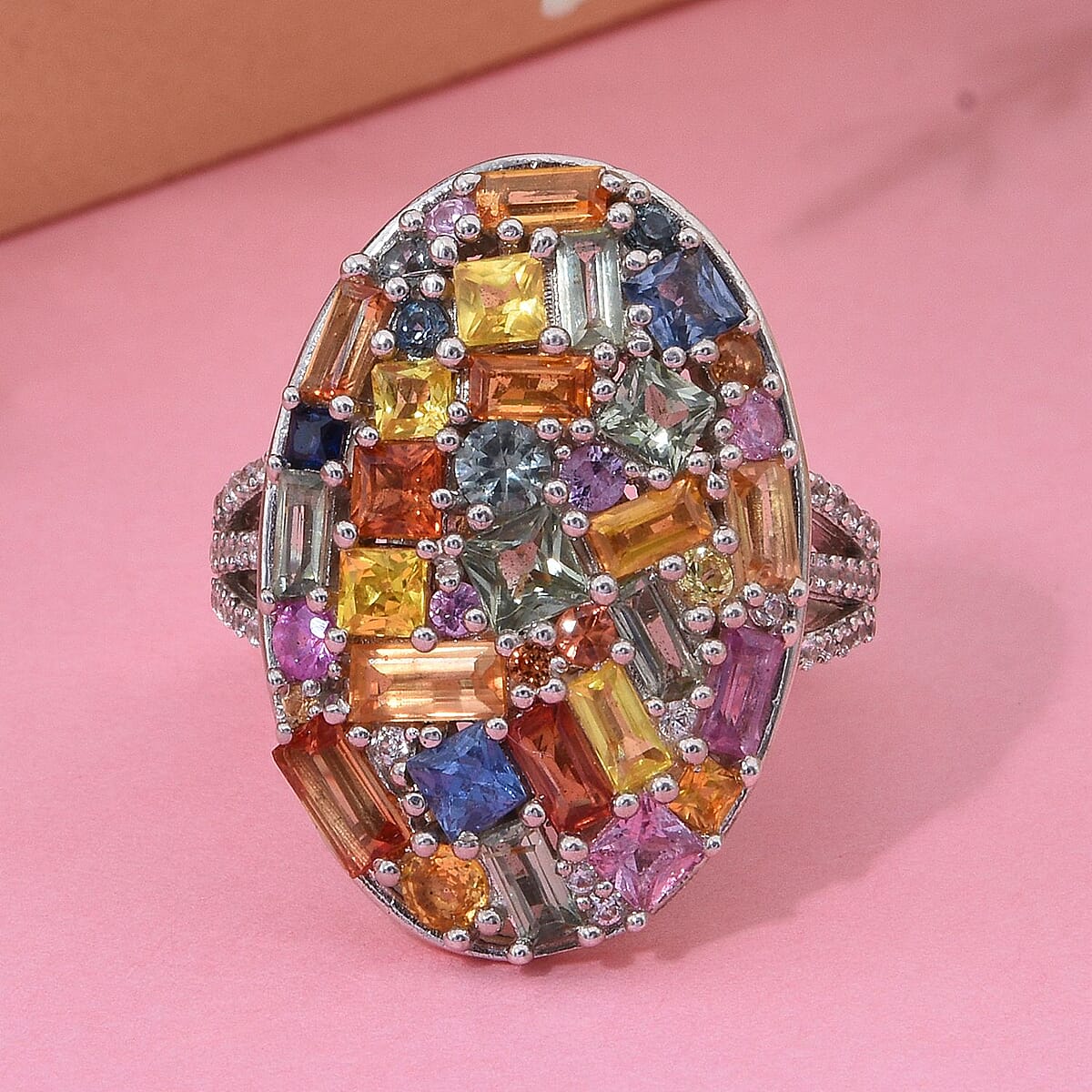 Multi-Sapphire and White Zircon 5.40 ctw Ring in Rhodium Over Sterling Silver (Size 8.0)  image number 1