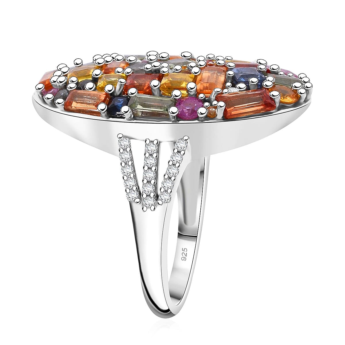 Multi-Sapphire and White Zircon 5.40 ctw Ring in Rhodium Over Sterling Silver (Size 8.0)  image number 3