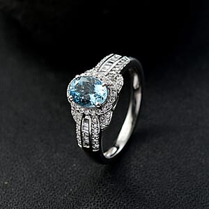 Rhapsody 950 Platinum AAAA Santa Maria Aquamarine, Diamond (E-F, VS2) (0.46 cts) Aquatic Majesty Ring (Size 8.0) 1.50 ctw