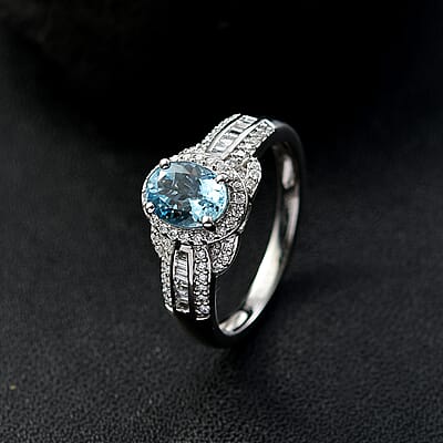 Rhapsody AAAA Santa Maria Aquamarine and E-F VS2 Diamond 1.50 ctw Aquatic Majesty Ring in 950 Platinum (Size 9.0)