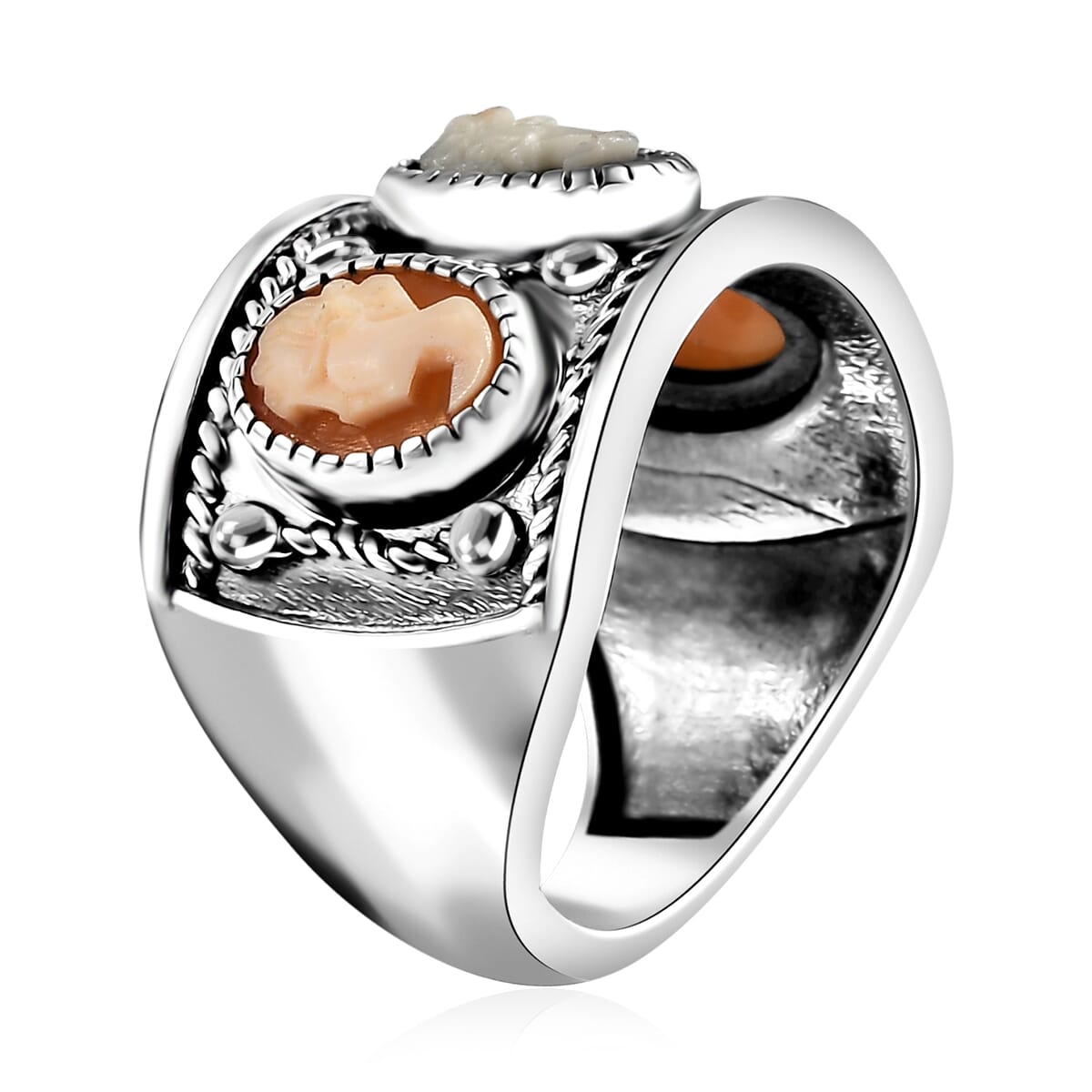 Artisan Crafted Natural Italian Conch Cameo Fancy Ring in Black Oxidized Sterling Silver (Size 10.0) 1.90 ctw image number 3