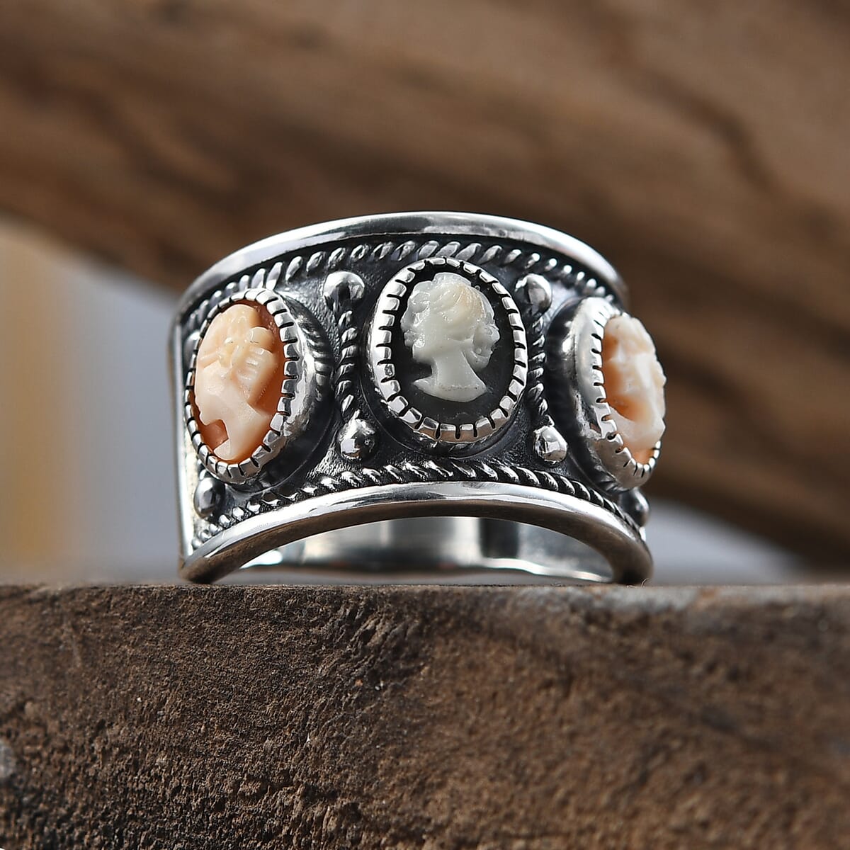 D'Joy Artisan Crafted Natural Italian Conch Cameo 1.90 ctw Whispers of Time Ring in Black Oxidized Sterling Silver (Size 6.0) image number 1