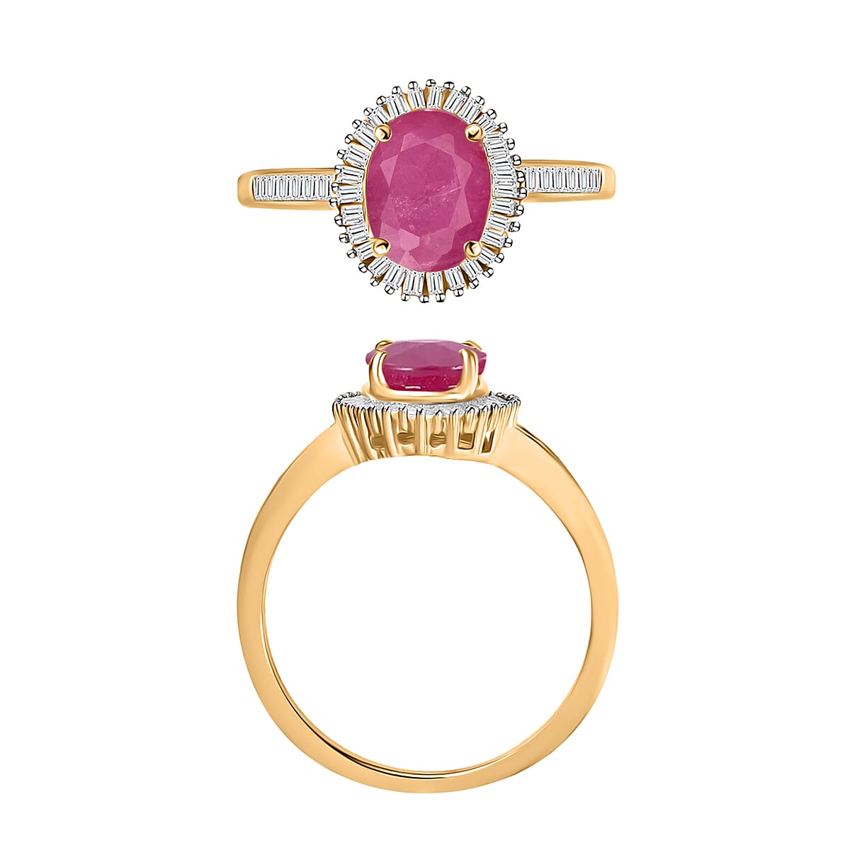 Mozambique Ruby and White Diamond 1.85 ctw Ring in 18K Vermeil Yellow Gold Over Sterling Silver (Size 7.5) (Del. in 10-12 Days) image number 3
