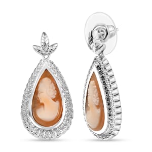 D'Joy Natural Italian Conch Cameo 5.50 ctw Eternal Grace Earrings in Rhodium Over Sterling Silver