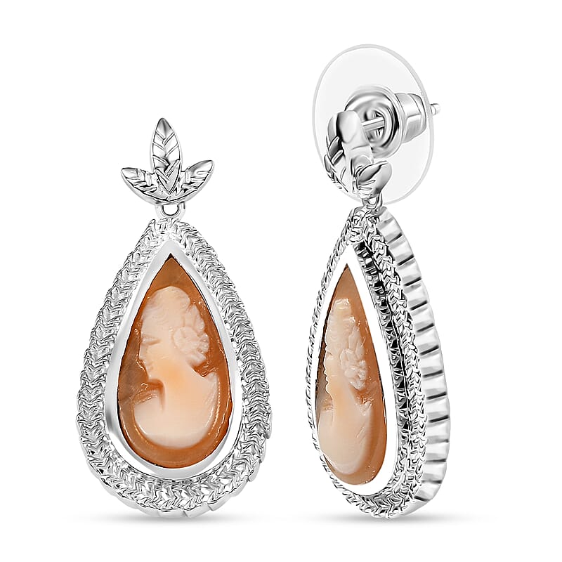 D'Joy Natural Italian Conch Cameo 5.50 ctw Eternal Grace Earrings in Rhodium Over Sterling Silver