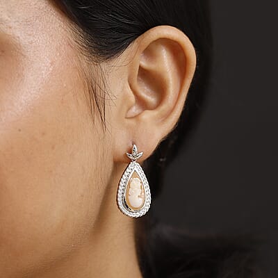 D'Joy Natural Italian Conch Cameo 5.50 ctw Eternal Grace Earrings in Rhodium Over Sterling Silver