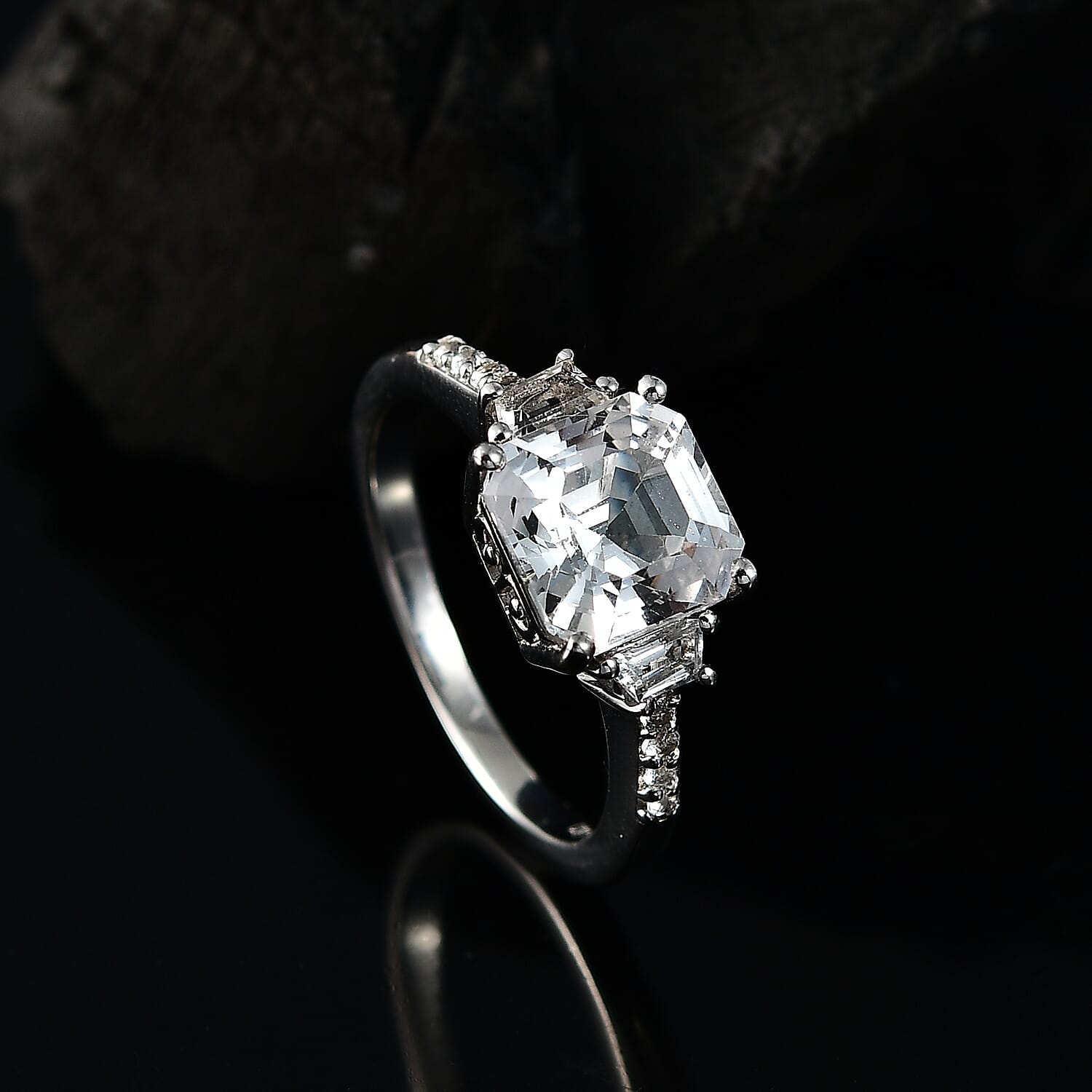 D'Joy Asscher-cut Lab Created White Sapphire and White Topaz 4.00 ctw Art Deco Ring in Platinum Over Sterling Silver (Size 10.0)