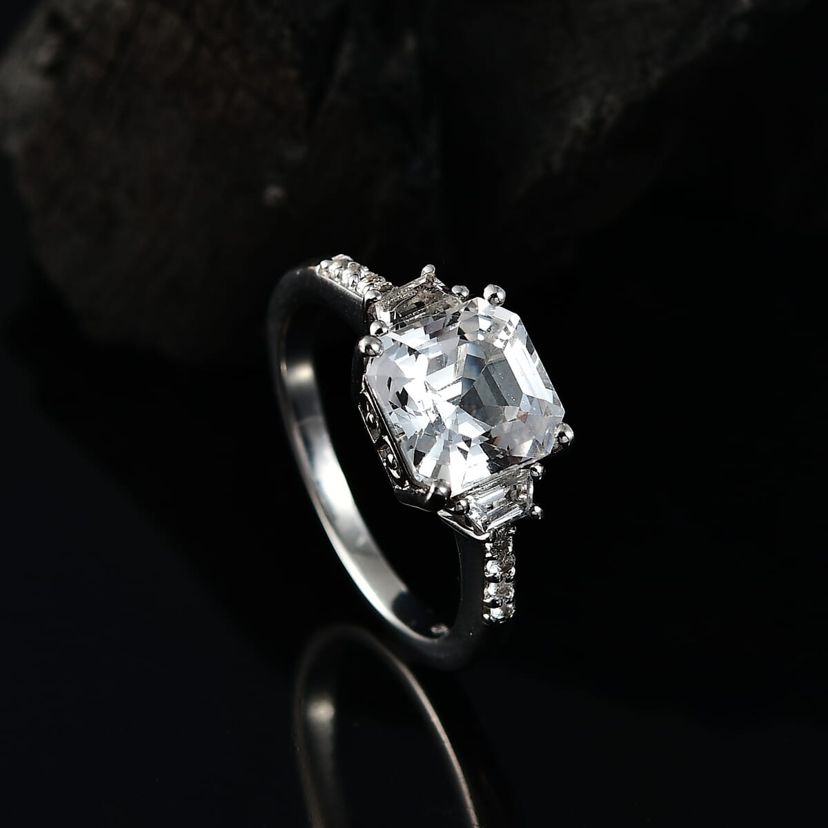 D'Joy Asscher-cut Lab Created White Sapphire and White Topaz 4.00 ctw Art Deco Ring in Platinum Over Sterling Silver (Size 10.0) image number 1