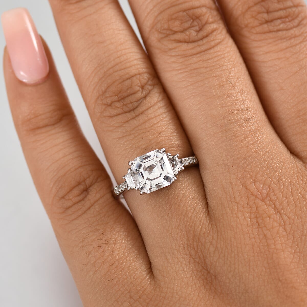 D'Joy Asscher-cut Lab Created White Sapphire and White Topaz 4.00 ctw Art Deco Ring in Platinum Over Sterling Silver (Size 10.0) image number 2