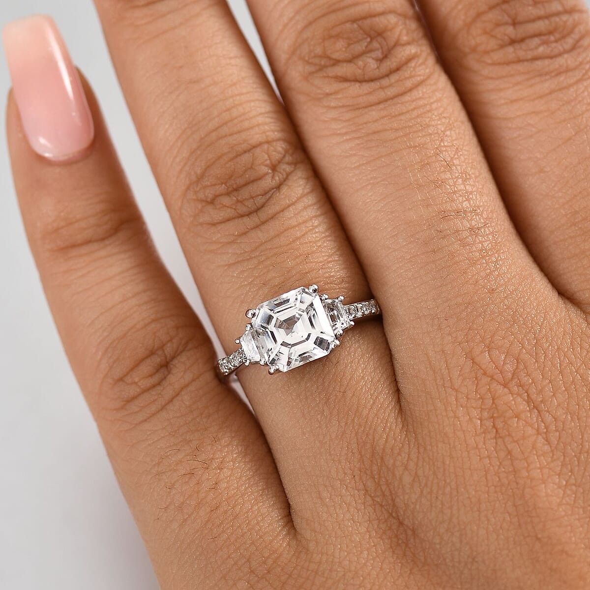 D'Joy Asscher-cut Lab Created White Sapphire and White Topaz 4.00 ctw Art Deco Ring in Platinum Over Sterling Silver (Size 7.0) image number 2