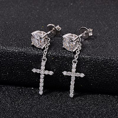 Moissanite 1.85 ctw Cross Earrings in Rhodium Over Sterling Silver