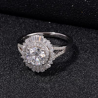 Heart & Arrow Cut Moissanite 1.60 ctw Ring in Rhodium Over Sterling Silver (Size 10.0)