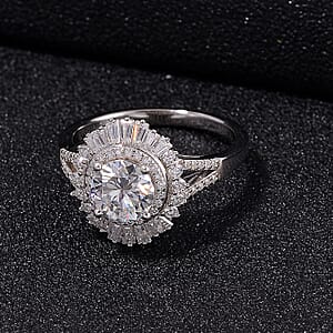 Heart & Arrow Cut Moissanite 1.60 ctw Ring in Rhodium Over Sterling Silver (Size 6.0)