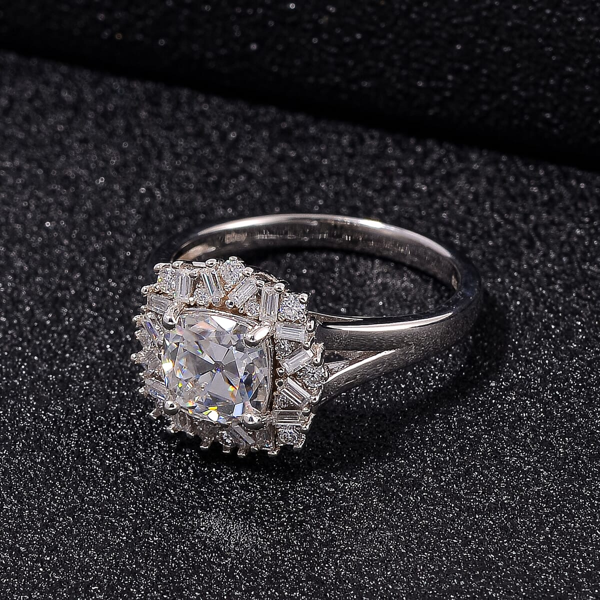 Old Mine Cut Moissanite 1.85 ctw Celestial Radiance Ring in Rhodium Over Sterling Silver (Size 5.0) image number 1