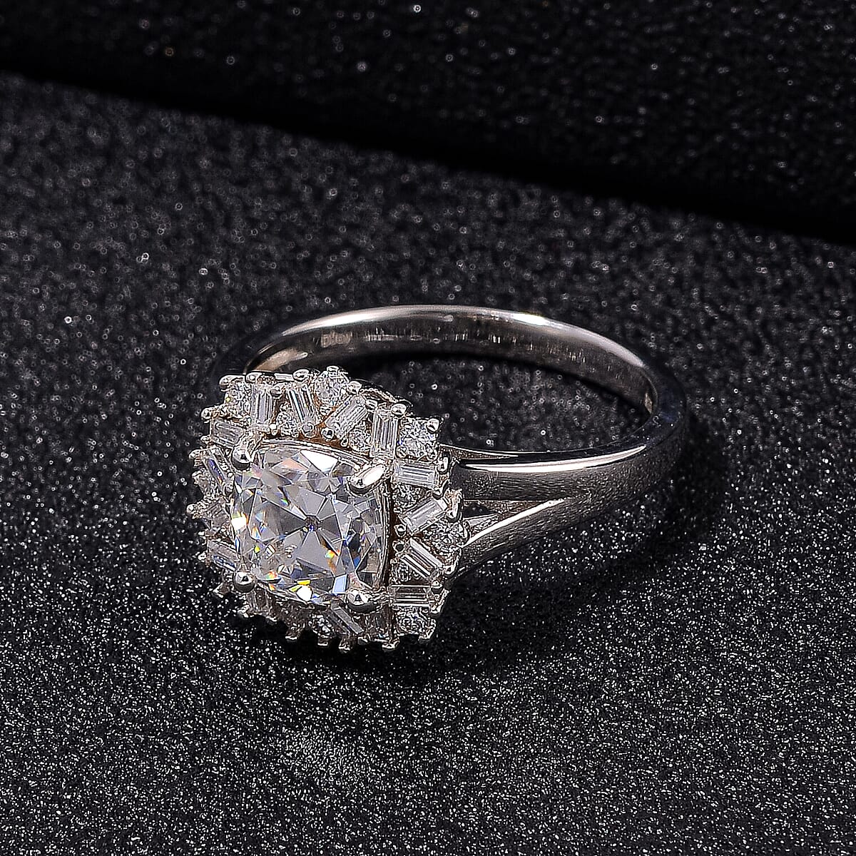 Old Mine Cut Moissanite 1.85 ctw Celestial Radiance Ring in Rhodium Over Sterling Silver (Size 6.0) image number 1