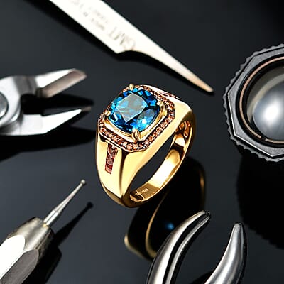 D'Joy Premium London Blue Topaz and Brown Zircon 6.20 ctw Men's Ring in 18K Vermeil Yellow Gold Over Sterling Silver (Size 10.0)