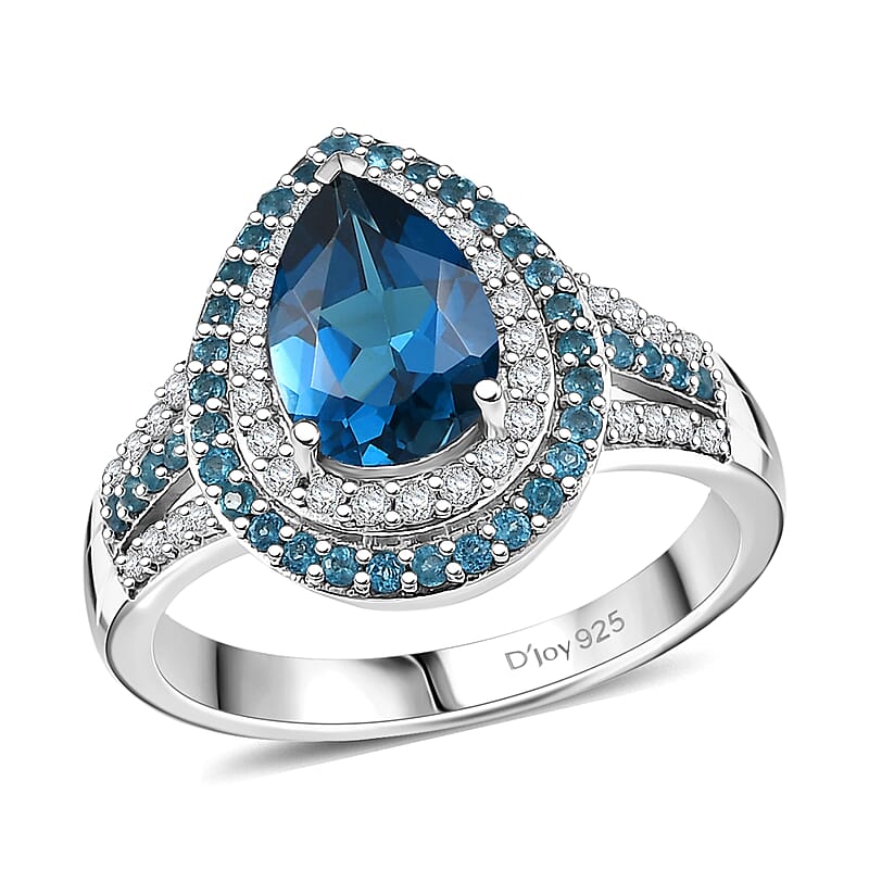 D'Joy Premium London Blue Topaz and Multi Gemstone 3.00 ctw Ocean Teardrop Ring in Rhodium Over Sterling Silver (Size 10.0)
