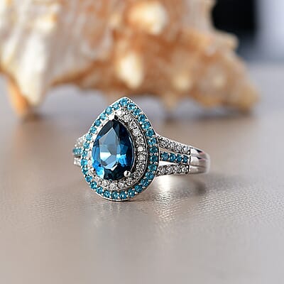 D'Joy Premium London Blue Topaz and Multi Gemstone 3.00 ctw Ocean Teardrop Ring in Rhodium Over Sterling Silver (Size 10.0)