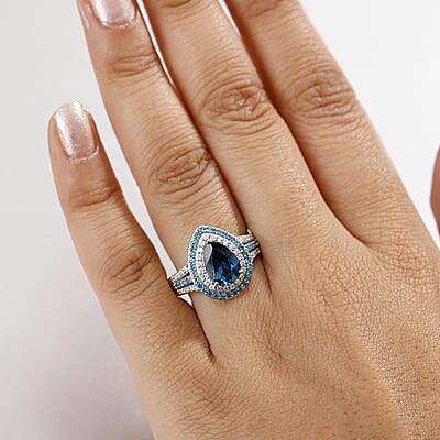 D'Joy Premium London Blue Topaz and Multi Gemstone 3.00 ctw Ocean Teardrop Ring in Rhodium Over Sterling Silver (Size 10.0)