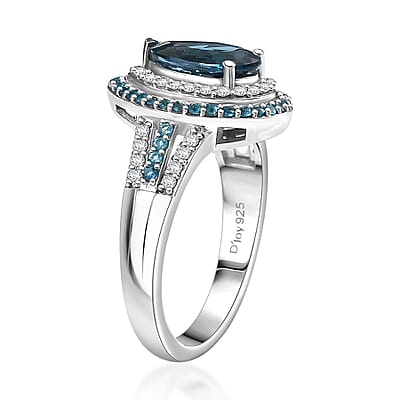 D'Joy Premium London Blue Topaz and Multi Gemstone 3.00 ctw Ocean Teardrop Ring in Rhodium Over Sterling Silver (Size 10.0)