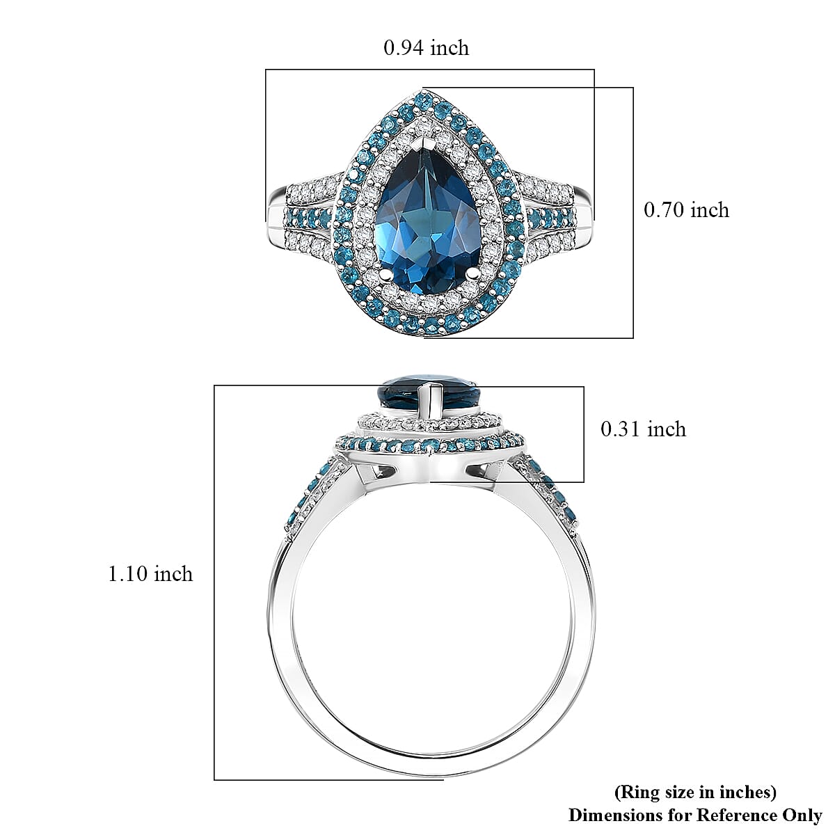 D'Joy Premium London Blue Topaz and Multi Gemstone 3.00 ctw Ocean Teardrop Ring in Rhodium Over Sterling Silver (Size 10.0) image number 5