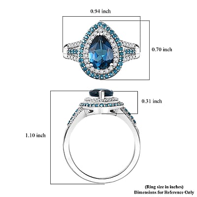 D'Joy Premium London Blue Topaz and Multi Gemstone 3.00 ctw Ocean Teardrop Ring in Rhodium Over Sterling Silver (Size 10.0)
