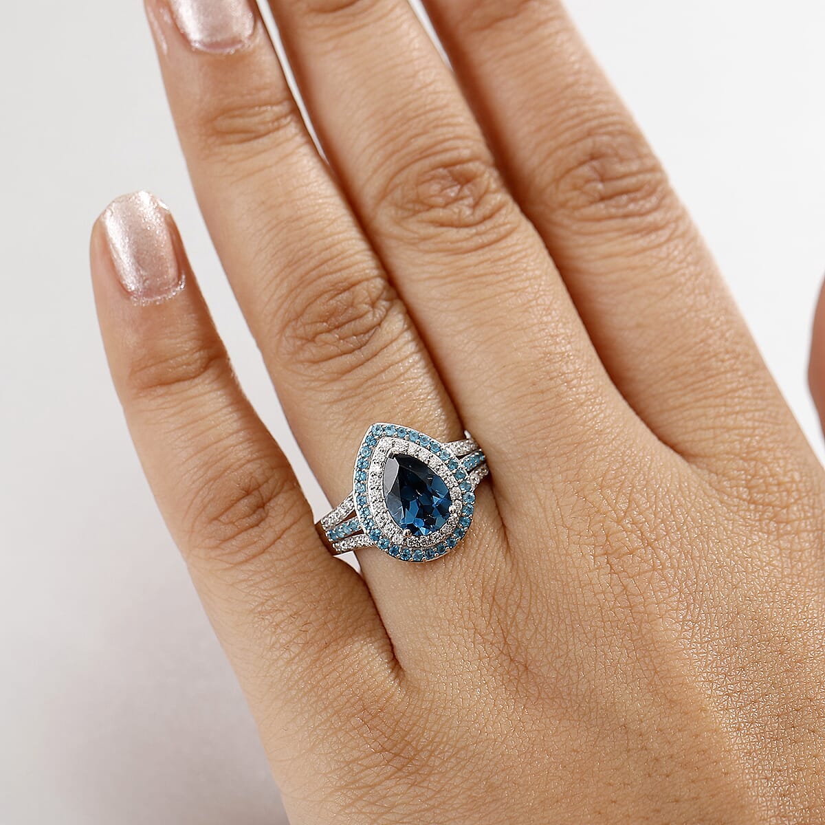 D'Joy Premium London Blue Topaz and Multi Gemstone 3.00 ctw Ocean Teardrop Ring in Rhodium Over Sterling Silver (Size 7.0) image number 2