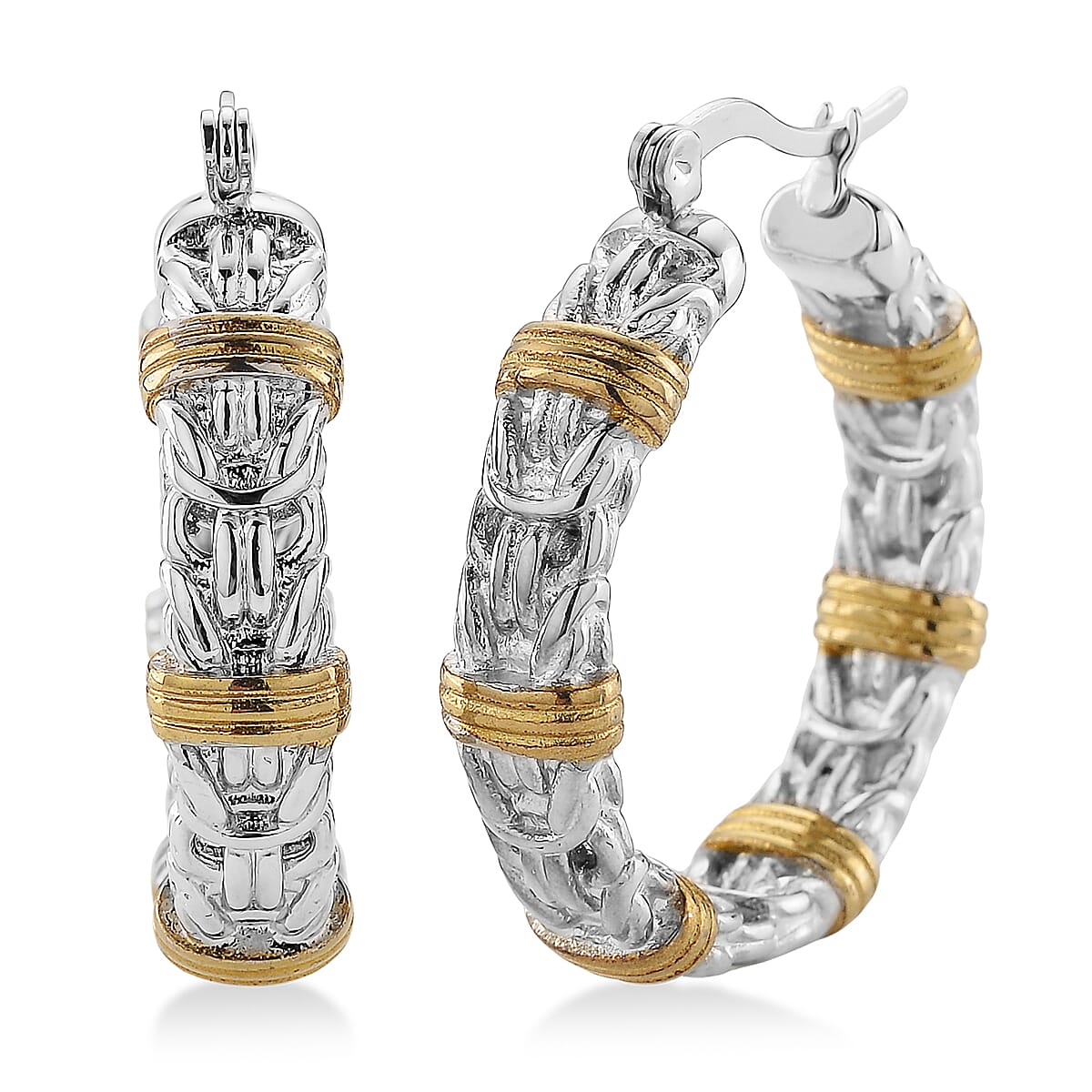 EverTrue Fashionable Two-Tone Byzantine Hoop Earrings in ION Plated YG and Stainless Steel image number 0