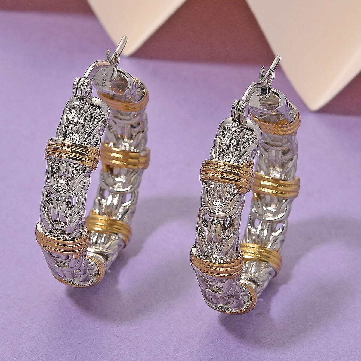 EverTrue Fashionable Two-Tone Byzantine Hoop Earrings in ION Plated YG and Stainless Steel image number 1