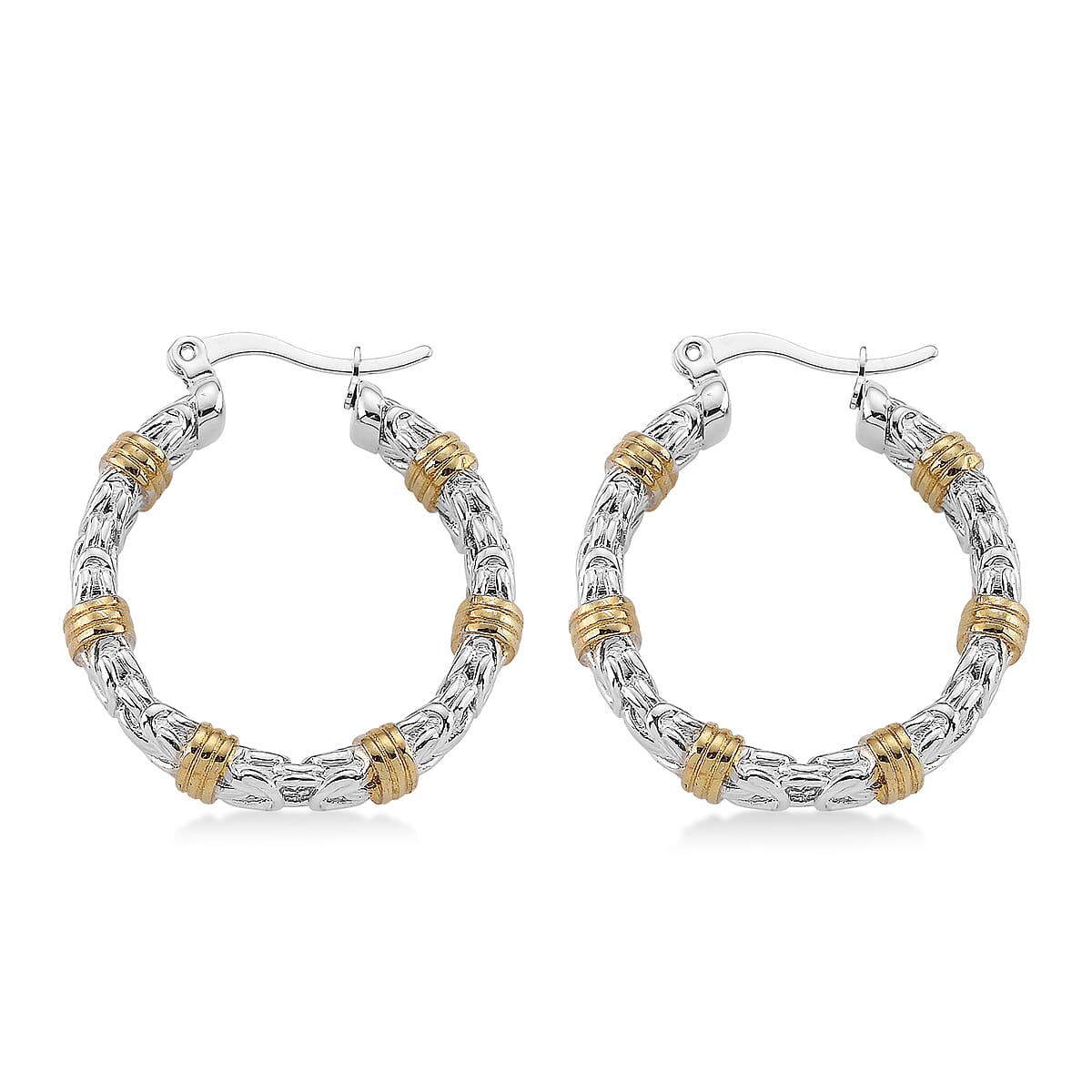 EverTrue Fashionable Two-Tone Byzantine Hoop Earrings in ION Plated YG and Stainless Steel image number 3