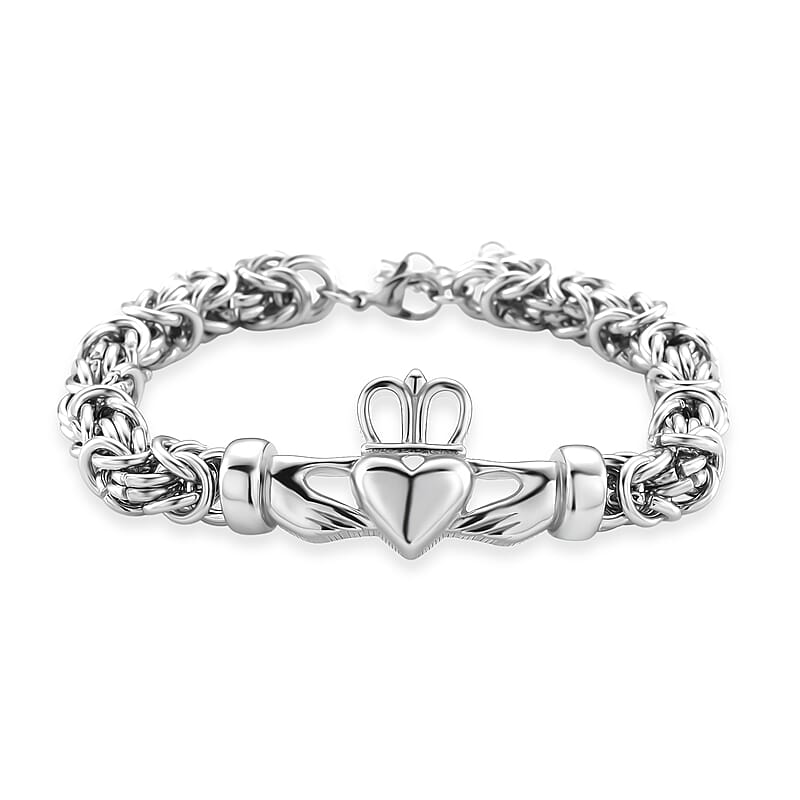 EverTrue Life of Faith Byzantine Chain Claddagh Bracelet in Stainless Steel (7.50-9.0In)