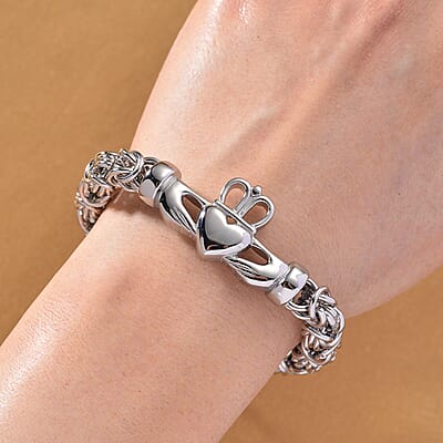 EverTrue Life of Faith Byzantine Chain Claddagh Bracelet in Stainless Steel (7.50-9.0In)