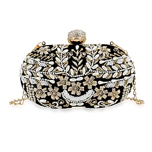 Black Hand Embroidery Oval Shaped Pearl Studded Velvet Clutch