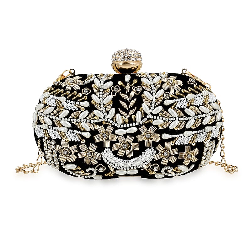 Black Hand Embroidery Oval Shaped Pearl Studded Velvet Clutch