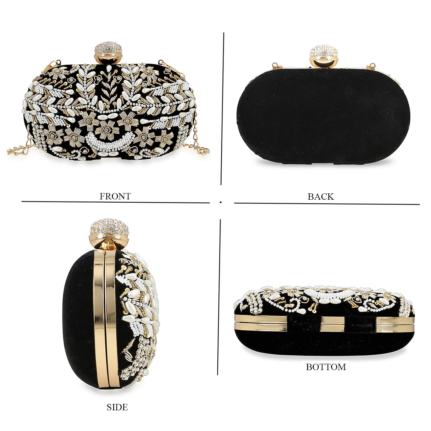 Black Hand Embroidery Oval Shaped Pearl Studded Velvet Clutch