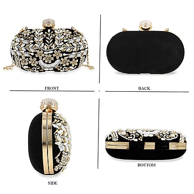 Black Hand Embroidery Oval Shaped Pearl Studded Velvet Clutch