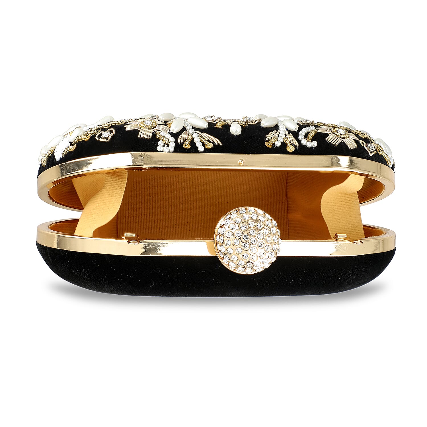 Black Hand Embroidery Oval Shaped Pearl Studded Velvet Clutch