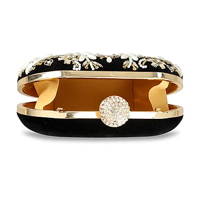 Black Hand Embroidery Oval Shaped Pearl Studded Velvet Clutch